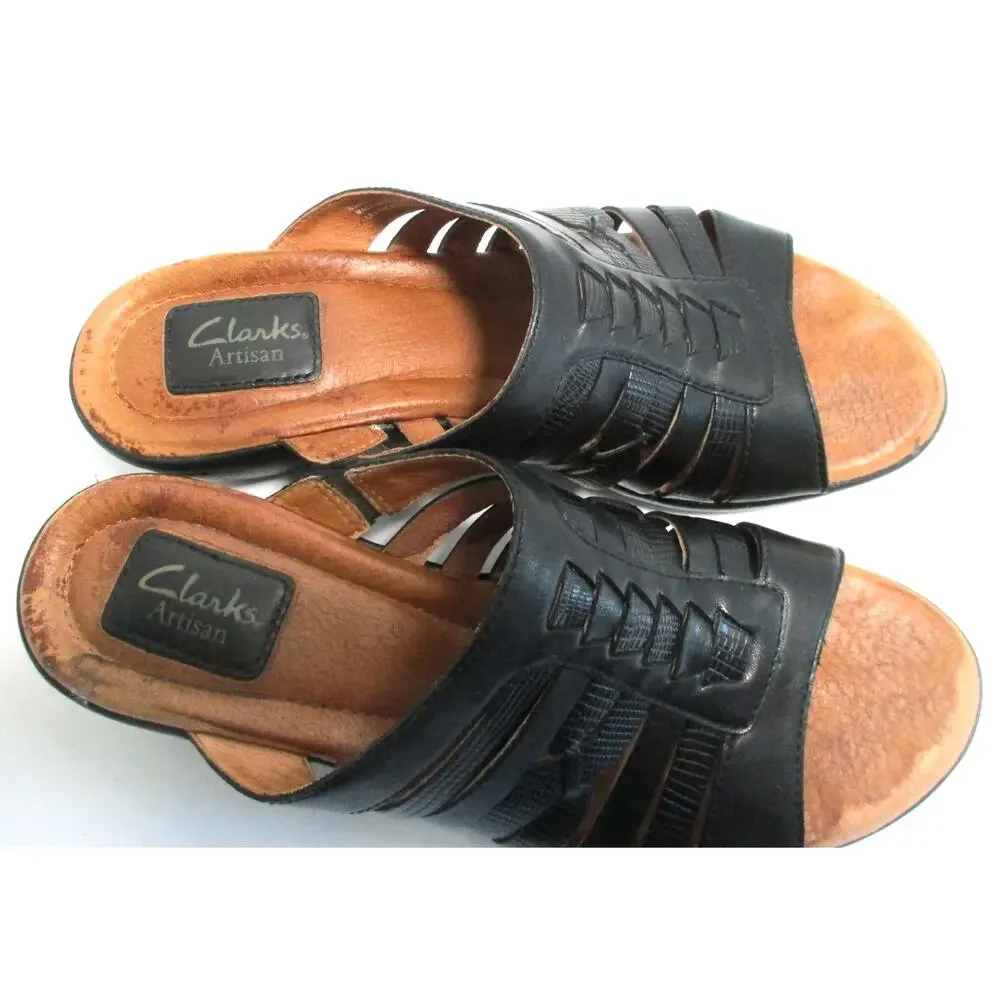 Clarks Artisan Women's Black Leather Slide Sandals #83443 Size 7.5M